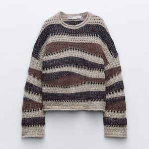 NWT Zara Women's Patchwork Knit Sweater - Brown and Cream, Size M